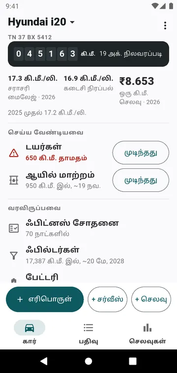கார் திரை: ஓடோமீட்டர், மைலேஜ், ஒரு km செலவு, வர வேண்டியவை