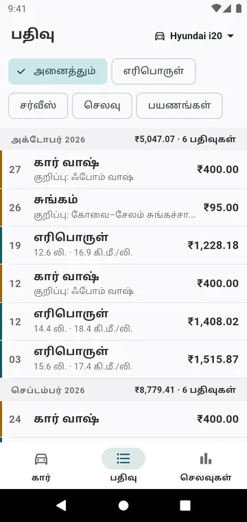 பதிவு: நிரப்பல்கள், சர்வீஸ்கள், செலவுகள் மாதம் மாதமாக