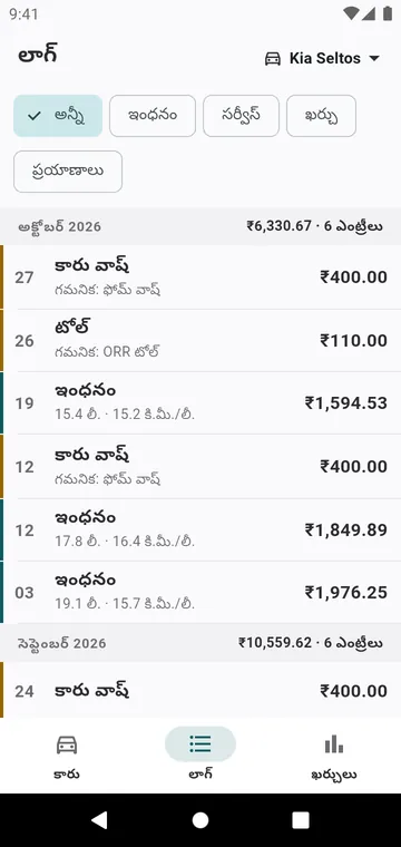 లాగ్: ఇంధనం నింపడాలు, సర్వీసులు, ఖర్చులు నెల వారీగా