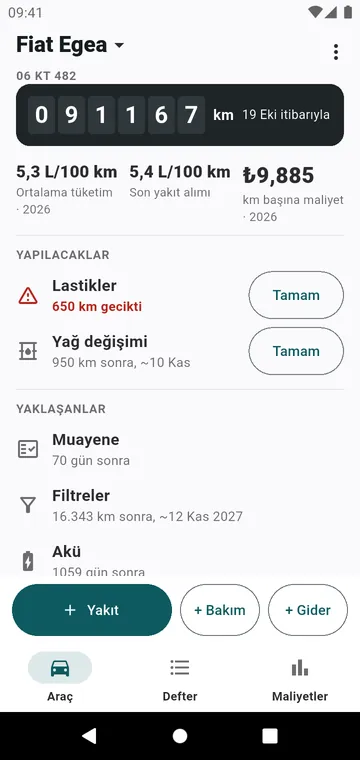 Araç ekranı: kilometre sayacı, tüketim, km başına maliyet, yaklaşanlar