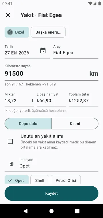 Bir yakıt alımı: kilometre, miktar, fiyat, depo dolu ya da kısmi