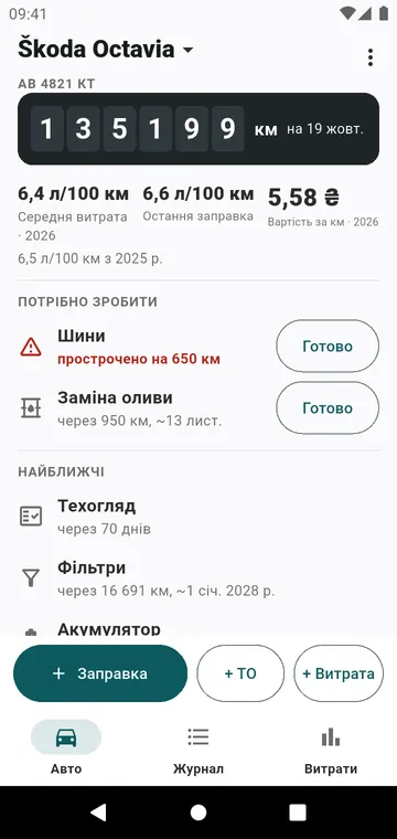 Екран «Авто»: пробіг, витрата пального, вартість кілометра, що потрібно зробити