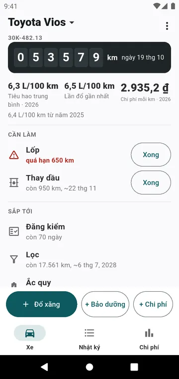 Màn hình Xe: số odo, mức tiêu hao, chi phí mỗi km, việc đến hạn