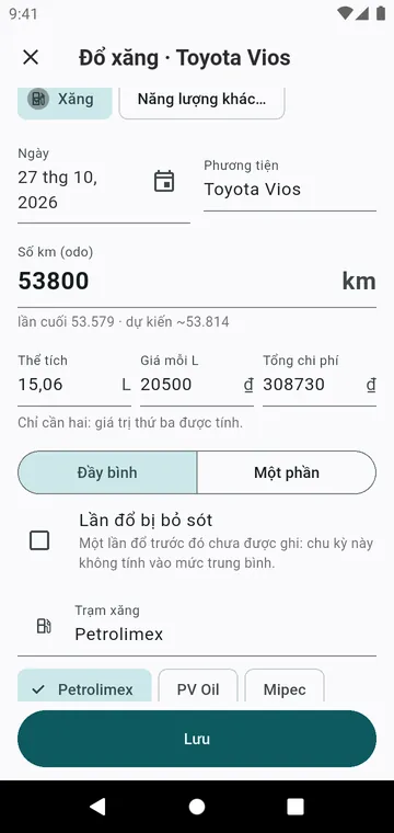 Một lần đổ xăng: số odo, thể tích, giá, đầy bình hoặc một phần